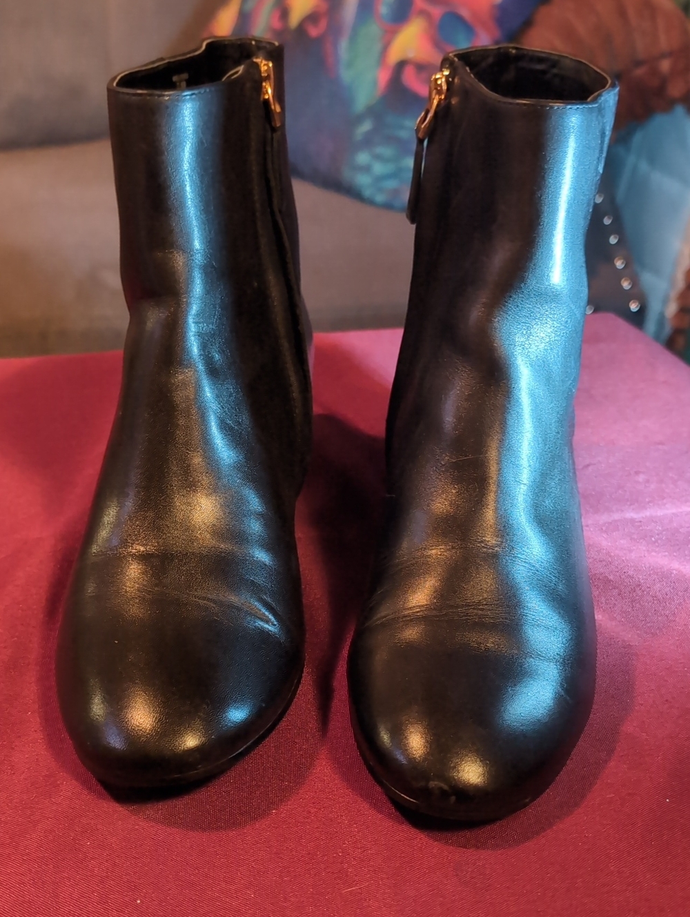Ralph Lauren Black Leather Ankle Booties with Gold Zipper Detail